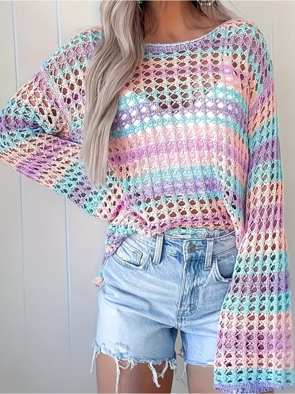 Pastel Pink Purple & Blue Loose Knit Scoop Neck Sweater